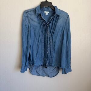 Sundance Tessa Chambray Blue Snap Front Blouse Pleating Pearlized Button Women S
